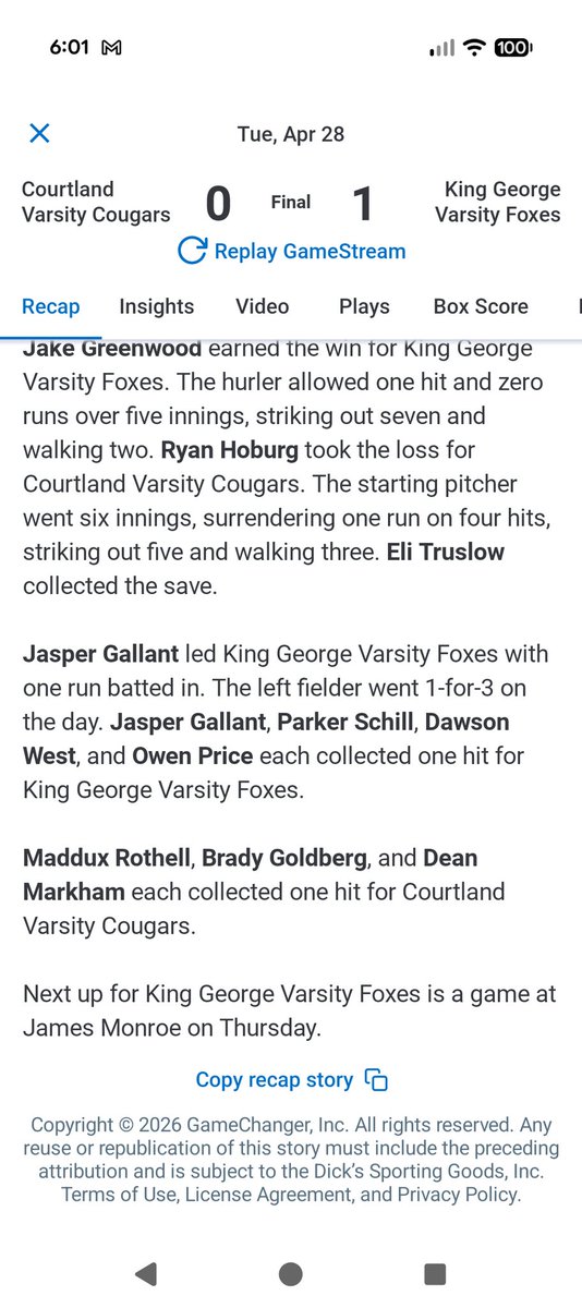 KGHS_VBaseball's tweet photo. The Foxes got back on their winning ways thanks in large part to stellar pitching and clutch hitting.  @J_Greenwood2026  took the ball for the Foxes went 5 shutout innings 7Ks.  @ETruz3 closed the game 2 innings 0 runs.   @JasperGallant provided a solo HR to give KG a 1-0 lead. https://t.co/8qfNtAuT0f