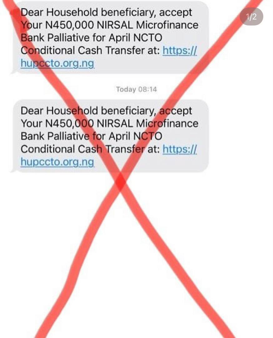 NirsalMFB's tweet image. Please be advised that the message circulating is NOT from us.

Do not engage with it. Stay alert and protect yourself from scammers.

#StaySafe 
#EmpoweringNigerians 
#DrivingEconomicDevelopment