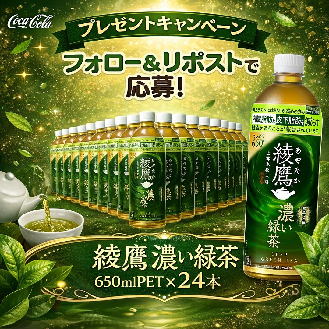 Amazon_JP_Gift's tweet photo. 🎉NEKOのプレゼント企画🐱🎉
🥰あと2日

濃いめのお茶で、すっきり一息にゃ〜🍵💚
「コカ・コーラ 綾鷹 濃い緑茶」650mlPET ×24本✨

🐾応募方法
①@Amazon_JP_Giftをフォロー
② この投稿をいいね＆RT
③当選者にはDM

#懸賞 #拡散希望 https://t.co/iCJHa1uASo