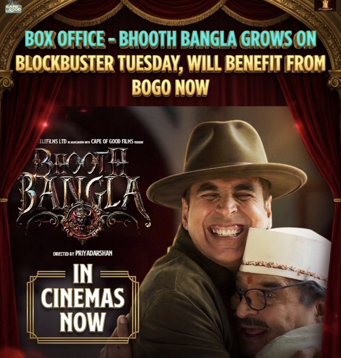 Tutejajoginder's tweet image. #BoxOffice - #BhoothBangla GROWS ON BLOCKBUSTER TUESDAY, WILL BENEFIT FROM BOGO OFFER NOW

Week 1 - 95.55 crores nett 
Week 2

Friday - 6.40 crores
Saturday - 11.70 crores
Sunday - 13.40 crores
Monday - 3.50 crores
Tuesday - 4 crores

Total - 134.55 crores

#AkshayKumar