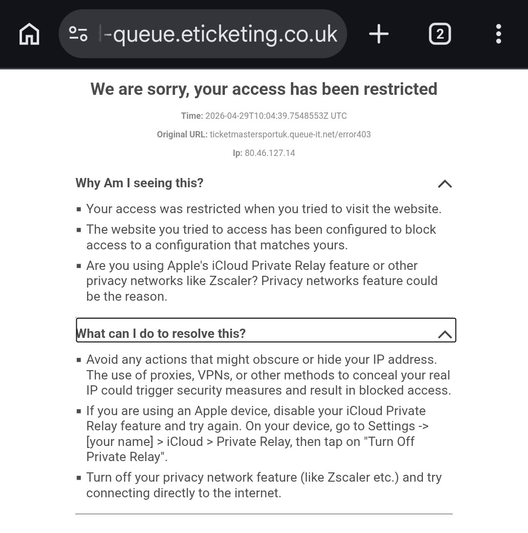 mptickner's tweet photo. Shame shit different day with the 🤡 at @TicketmasterUK @Arsenal
I've NO VPN, Don't use Apple, or any relay service.
No privacy systems.
Started last night and continues even though no settings/configurations have been changed. https://t.co/gxLU8zeGOe