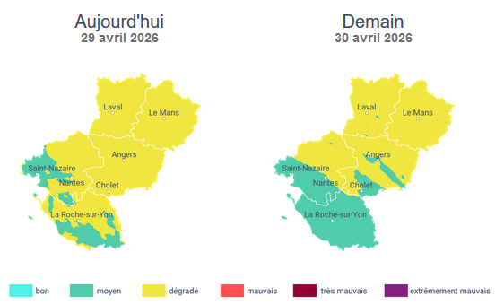 Prefet53's tweet image. #Pollution La #QualitéDelAir sera dégradée 🟡 ce mercredi 29 avril et demain en #Mayenne.

☁️ Le ciel nuageux limite la formation de l’ozone, qui reste néanmoins le polluant majoritaire.