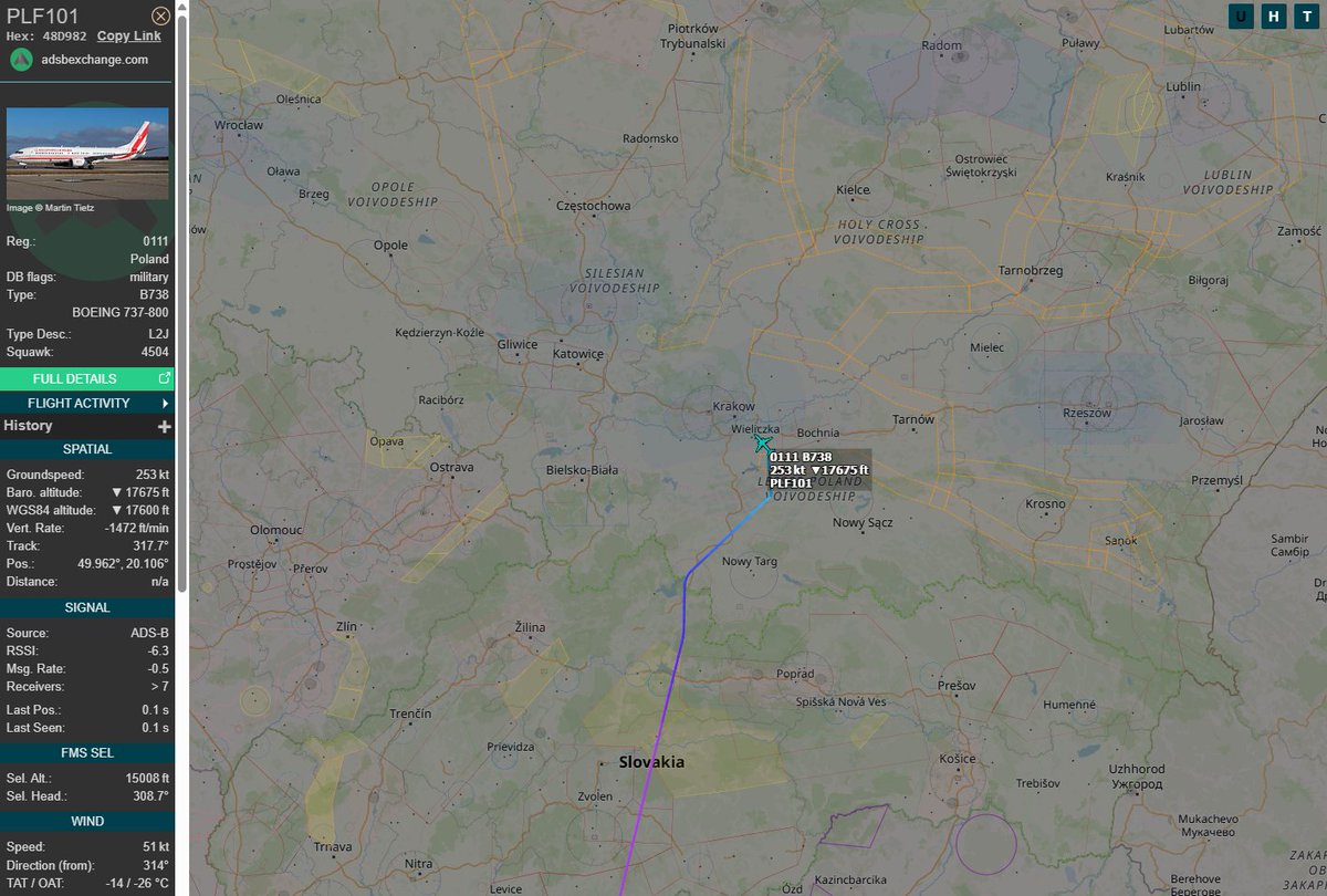PolishMilRadar's tweet photo. 📅 29.04 🕘 12:09LT - 🇵🇱✈️ 737 BBJ2 z Prezydentem RP zniża do Pyrzowic
Do Katowic Pyrzowic #EPKT zniża obecnie ✈️ #PLF101 Boeing 737-8TV(WL) BBJ2 "0111" Sił Powietrznych RP 🇵🇱, wykonujący lot z Dubrownika #LDDU w Chorwacji 🇭🇷.
🔗 https://t.co/wUwu7lxChK
Na pokładzie znajduje się Prezydent RP Karol Nawrocki wraz z małżonką, który po zakończonym udziale w Szczycie Trójmorza, udaje się na pogrzeb tragicznie zmarłego Posła na Sejm RP Łukasza Litewki.
#POLMILRADAR