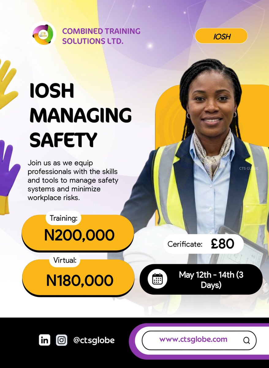 InfoCts's tweet image. Want to move up in HSE?
An IOSH Managing Safely certification can sharpen your risk management and safety leadership skills. 🦺

📅 May 12–14
💻 Virtual: ₦180,000
🏢 Physical: ₦200,000

Reply INTERESTED or DM for registration.

#IOSH #HSE #WorkplaceSafety #SafetyTraining