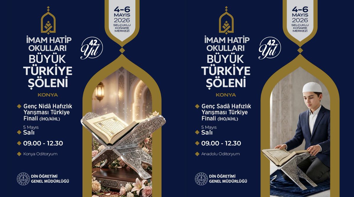 konyamem's tweet photo. İmam Hatip Okulları, ilimle değeri, gelenekle geleceği buluşturan güçlü yolculuğunu Konya’da büyük bir şölenle taçlandırıyor.

4-6 Mayıs 2026 tarihlerinde gerçekleşecek “İmam Hatip Okulları Büyük Türkiye Şöleni”, sadece bir yarışma değil; bir medeniyetin sahneye çıkışı…

🎤 Kur’an tilavetinden ezana, hutbeden hafızlığa…
Türkiye’nin dört bir yanından gelen öğrenciler, emeklerini ve gayretlerini Türkiye finallerinde ortaya koyuyor.

🎶 Musiki, kültür, sanat ve daha fazlası…
Eşref Ziya Terzi, Fatih Koca ve Ömer Karaoğlu’nun sahne alacağı programda; öğrenciler de kendi birikimlerini izleyiciyle buluşturuyor.

🏛️ Geçmişten bugüne uzanan bir yolculuk…
Zaman tüneli, stantlar ve eş zamanlı etkinliklerle imam hatip ruhu yakından hissediliyor.

4-6 Mayıs 2026 tarihleri arasında ilimiz Selçuklu Kongre Merkezinde gerçekleştirilecek olan İmam Hatip Okulları Büyük Türkiye Şöleni, büyük bir heyecanın eşliğinde başlıyor.

@tcmeb @Yusuf__Tekin 
@TCKonyaValiligi @Vali_Akin 
@Konyabuyuksehir @u_ibrahim_altay 
@CelileErenOKTEN @meb_dinogretimi 
@drahmetisleyen @gokhanmurat1 #BizimOkulumuz #BaşarmayaHazırım #Konyamem