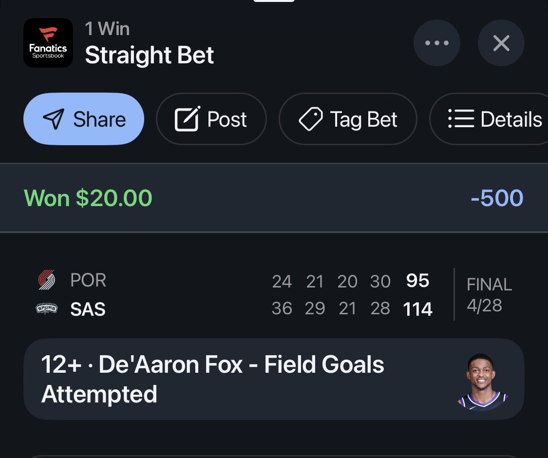coachme2cash's tweet photo. Nailed the 12+ field goal attempts for De’Aaron Fox ✅

He put up the shots — easy win at -500.

+$20.00 on POR vs SAS.

#NBA #DeAaronFox #BasketballBets #FieldGoals #WinningTicket https://t.co/xxASlfAy2C