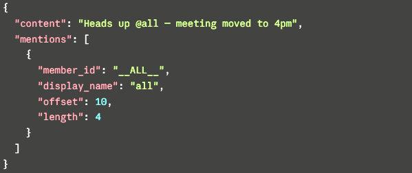 Ibk_d_brain's tweet photo. DTO Fields:

content: raw text, mention inline so legacy clients still read it
member_id: stable ref (group membership row, or __ALL__ for broadcast)
display_name: snapshot, fallback when local resolution misses
offset / length: positional span; renderer slices and replaces https://t.co/u9ZBzTwbX1
