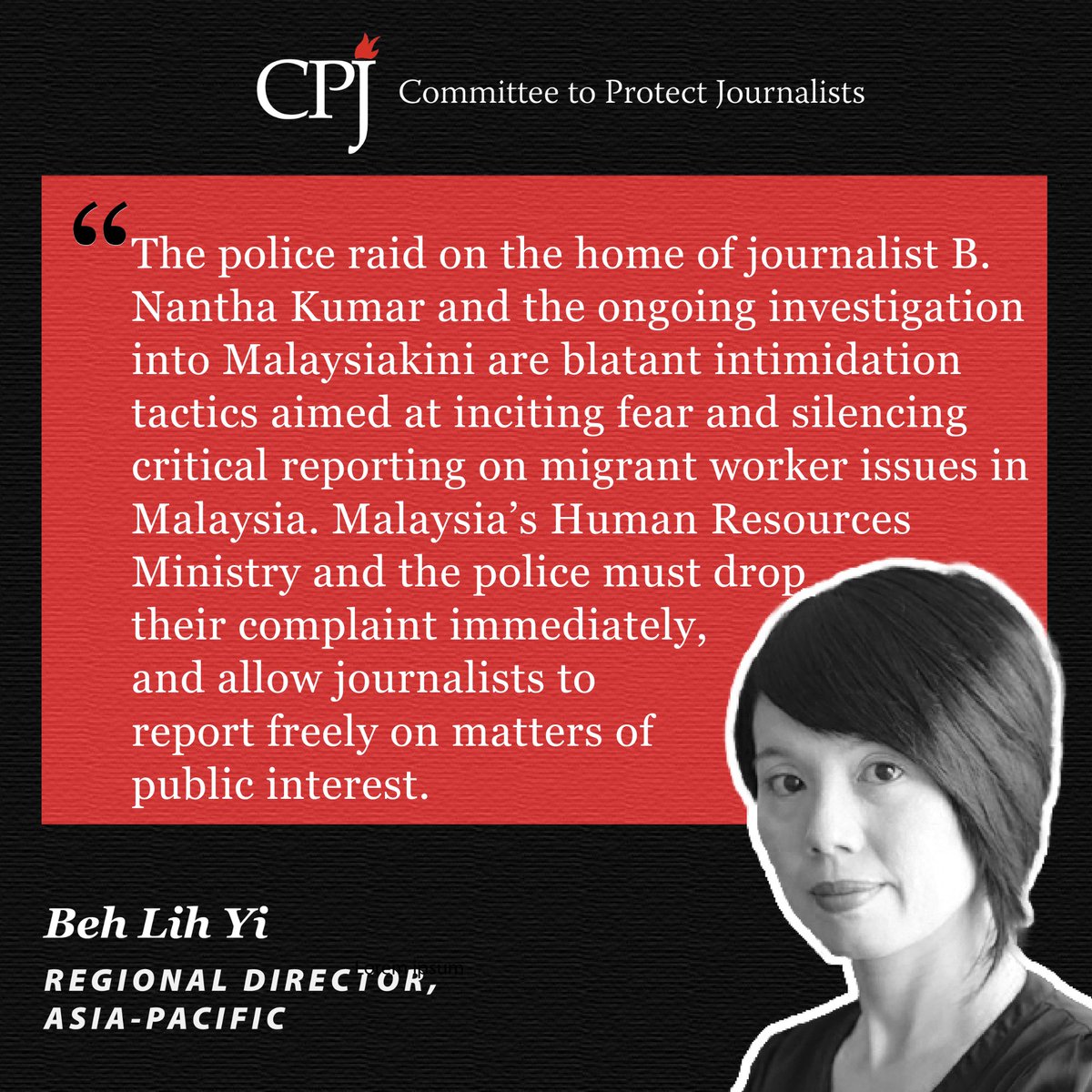 CPJAsia's tweet image. #Malaysia: CPJ condemns the police raid on the home of @malaysiakini journalist B. Nantha Kumar over his reporting on migrant workers. Malaysiakini says the April 27 raid followed a police report by @mykesuma after the ministry failed to respond to repeated requests for comment
