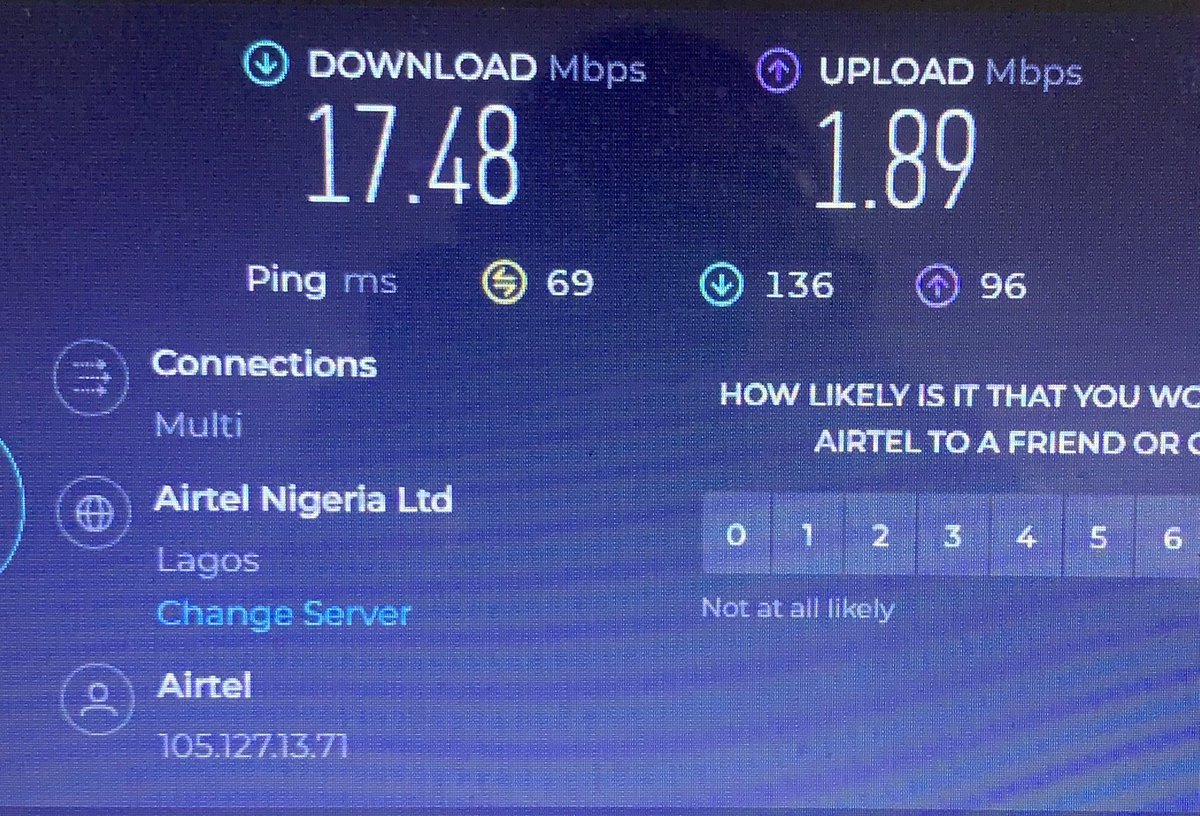 eyitope's tweet photo. @tolutopedada @AirtelNigeria @fccpcnigeria @NigeriainfoFM @NigeriaInfoAbj @NTANewsNow @ARISEtv @channelstv Download speed: 17.48Mbps
Upload speed: 1.89Mbps https://t.co/72nehVDvTS