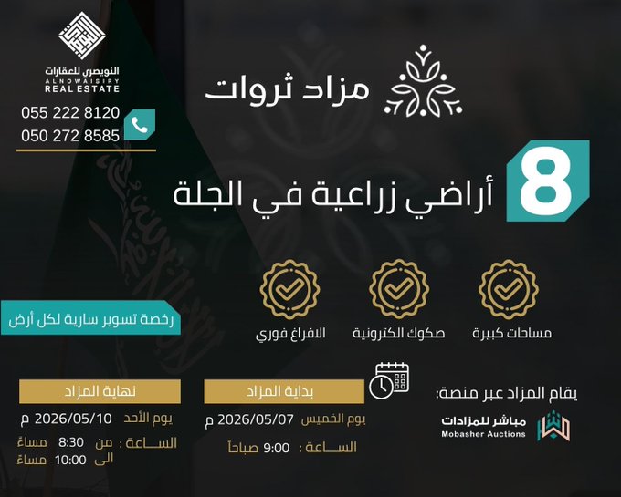Mzad__SA's tweet photo. 🔸ثروات🔸
🗓 التاريخ : الخميس 2026/5/7
📍 المدينة: الجلة والتبراك، ضرماء
🏢 المزاد: #ثروات
📌 نوع المزاد: إلكتروني
⚖ وكيل البيع: مكتب النويصري للعقارات @alnowaisiry
💻 المنصة: مباشر للمزادات
🔗 رابط المزاد: https://t.co/77KRwsfBqa
------------------------------------------------------------------------

📲 للتواصل واتساب: 0530880648
📢 اشترك في قناة #مزاد_السعودية على الواتساب لتصلك أخبار المزادات أولاً بأول:
🔗 https://t.co/9FDZrQqOxF

#مزادات #عقارات #Mzad_SA #مزاد_السعودية #مزادات_عقارية