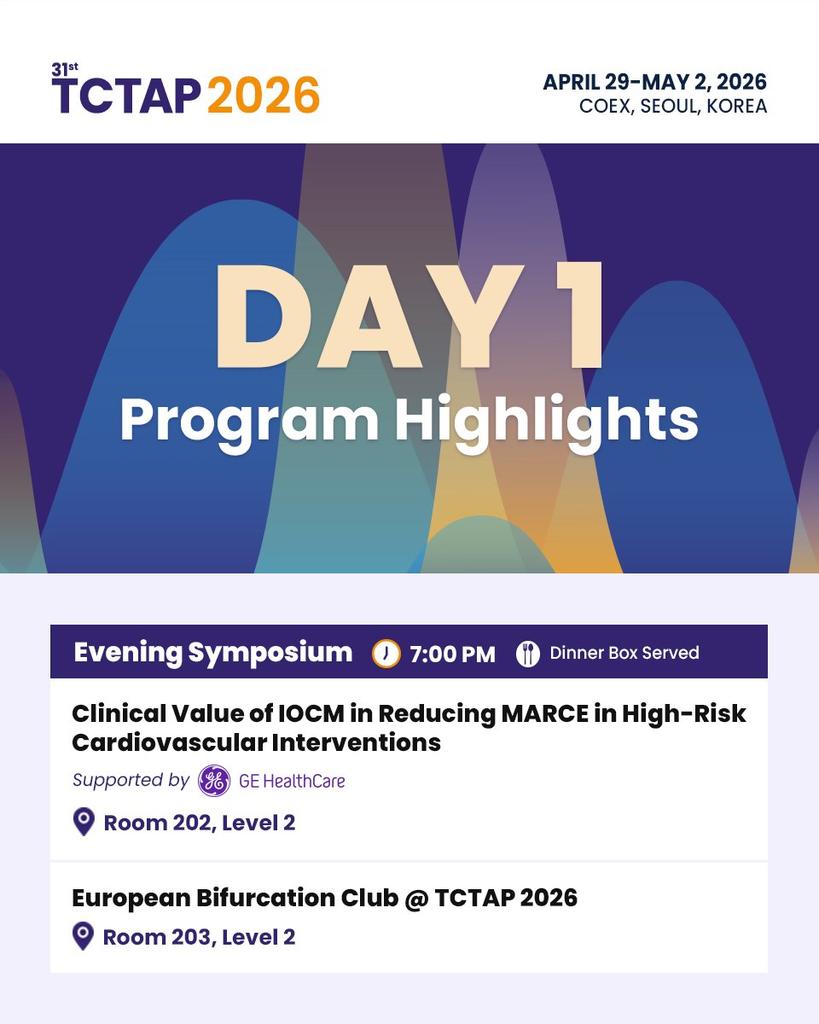 Zill_cardio's tweet image. #HappeningNOW

💥 Let the learning begin..
#TCTAP2026 is officially underway 

🛑Clinical Value of IOCM in Reducing MARCE in High-Risk CV Interventions

🕖7:00 PM ~ 8:10 PM * KST
📍Room 203

🛑European Bifurcation Club @ TCTAP 2026

🕖7:00 PM ~ 8:10 PM * KST
📍Room 203