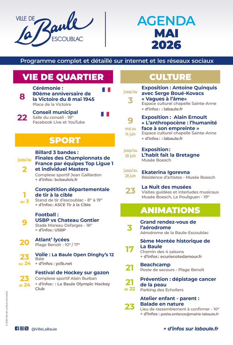 VilleLaBaule's tweet photo. 📆 𝗔𝗚𝗘𝗡𝗗𝗔 ☀️
Retrouvez le programme des activités et animations pour le mois de mai 2026. https://t.co/GgGTks5Hzl