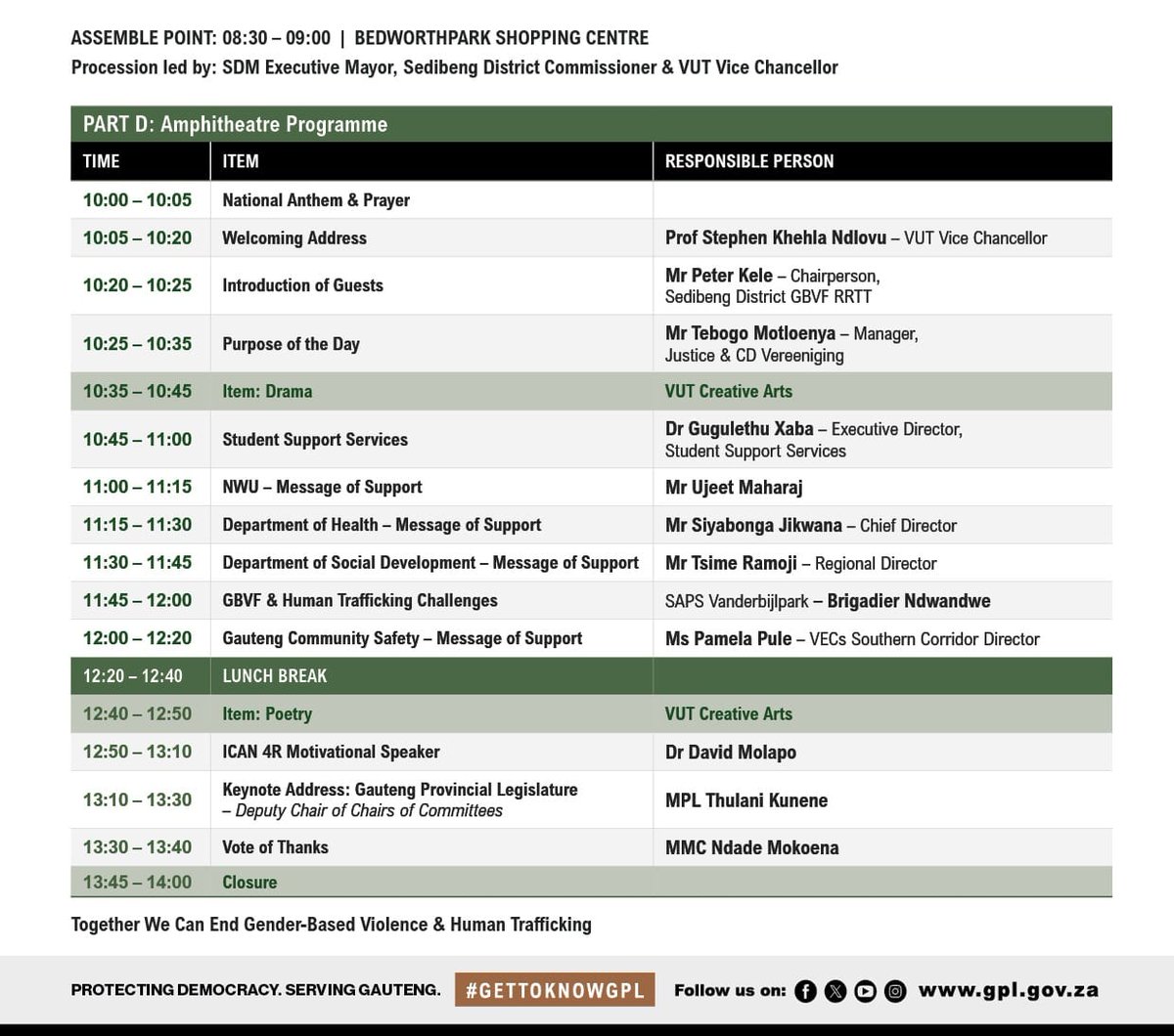 GPLegislature's tweet image. Walk-About Procession Against GBVF &amp;amp; Human Trafficking.

Led by the Hon. Thulani Kunene, Deputy Chairperson of Committees

#GPL #GettoknowGPL