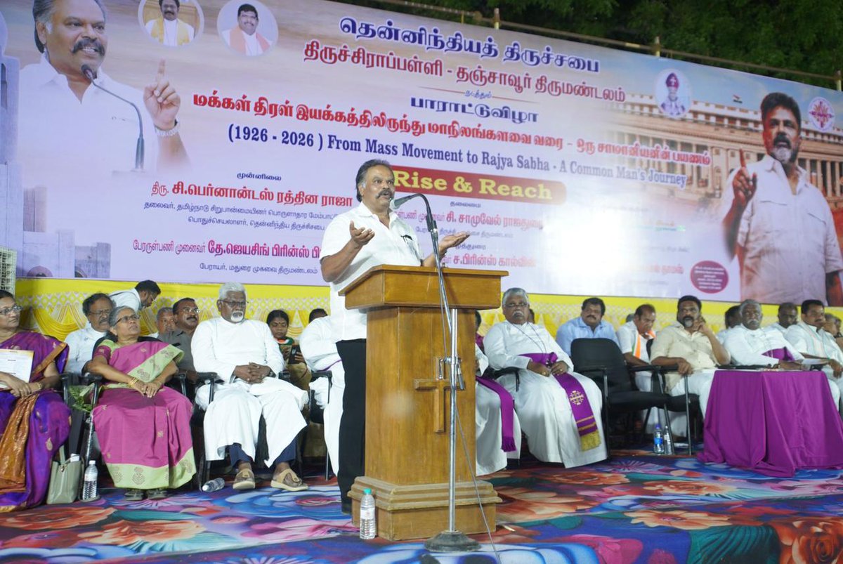 FernandasRaja's tweet photo. A felicitation function was organized by the CSI Tiruchirappalli–Thanjavur Diocese on 28.04.2026 at the CSI Ellis Memorial Church campus, Dharapuram, in honour of Rajya Sabha Member Mr. M. Christopher Thilak. 

The event was held under the leadership of Adv. C. Fernandas Rathina Raja, CSI General Secretary, Chairman, TAMCO, Rt. Rev. Dr. C. Samuel Rajadurai, Bishop, CSI Trichy -Thanjavur Diocese 

The event, honouring Mr. Christopher Thilak, celebrated his inspiring journey from grassroots mass movements to the Rajya Sabha, recognizing his dedication to public service, social justice, and inclusive leadership at the national level. 

Felicitations were delivered by Rt. Rev. Dr. Jayasingh Prince Prabhakaran, Bishop, CSI Madurai Ramnad Diocese, Bishop in Charge,  CSI Erode- Salem Diocese, Rt. Rev. S. Prince Calvin, Bishop, CSI Coimbatore Diocese,&  Rt. Rev. Dr. Peter Paul Thomas, Arcot Lutheran Church. 

In the presence of Mr. Gopinath Palaniappan, Secretary of Karnataka, All India Congress Committee and Fr. Dr. Gnanapragasam, Episcopal Vicar, Roman Catholic Diocese of Palayamkottai. The program nicely coordinated by Rev. D. J. Christopher and Rev. D. Sekhar. 

The event, themed “From Mass Movement to Rajya Sabha – A Common Man’s Journey,” highlighted an inspiring path of dedication, perseverance, and service to society. 

#RiseAndReach #RajyaSabha #CSITN #ChristianLeadership