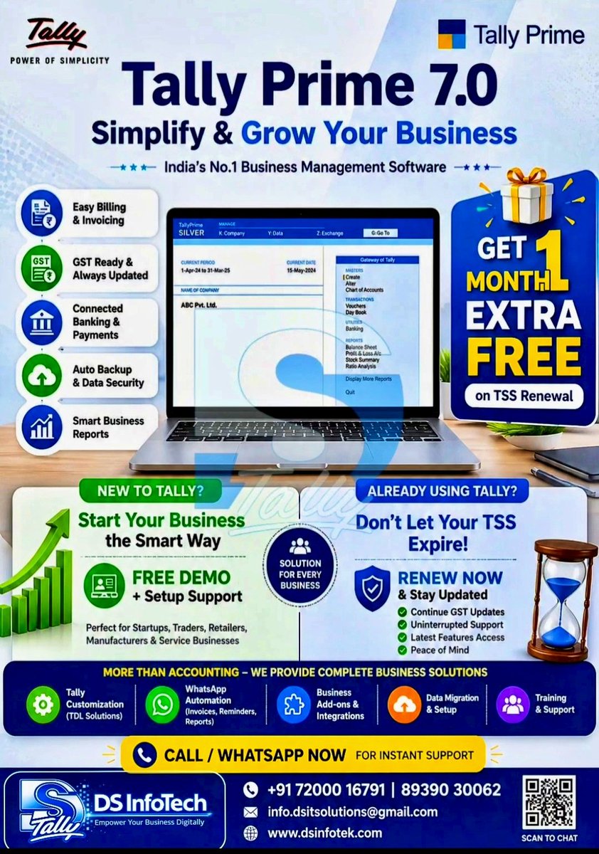 JANESH_DS's tweet image. 🚀 Upgrade to Tally Prime 7.0 Today!
✔ Easy Billing &amp;amp; GST Ready
✔ Smart Reports &amp;amp; Banking
✔ Secure Data &amp;amp; Auto Backup
🎁 Get 1 Month EXTRA FREE on TSS Renewal
#TallyPrime #GSTSoftware #Tally #TallyServices #TallyUpgrade #TallySupport #DigitalBusiness #DSInfotechTally