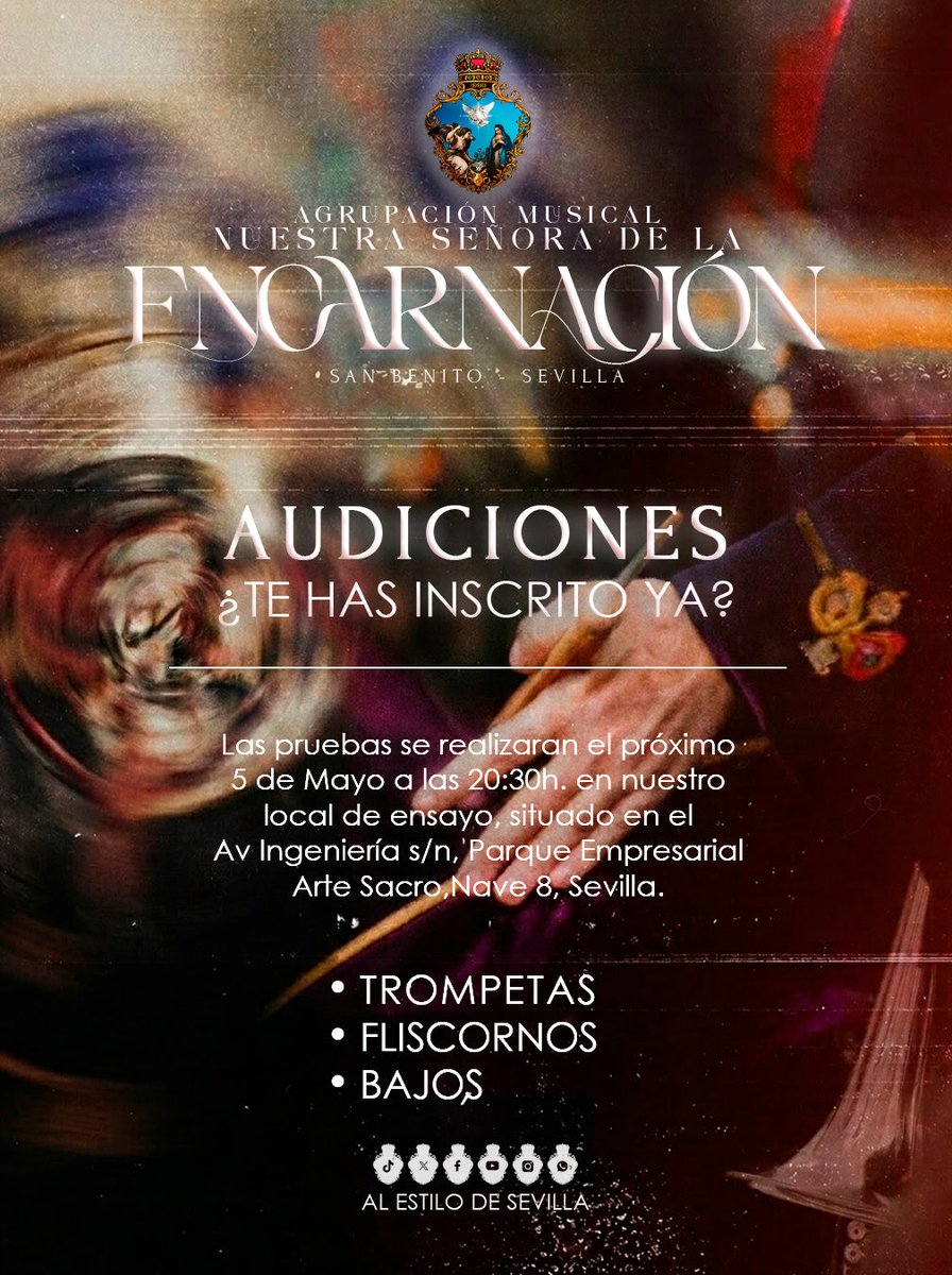 AMENcarnacion_'s tweet photo. A partir de las inscripciones recibidas, ha sido necesario ajustar la organización de las audiciones, que se estructurarán por cuerdas instrumentales y se desarrollarán en dos días para cada una de ellas, con el fin de garantizar nuestra mejor atención y trato a todos los participantes.

🗓️Lunes 4 de Mayo, 20:30 h. :
• Cornetas
• Percusión

🗓️Martes 5 de Mayo, 20:30 h. :
• Trompetas
• Fliscornos
• Bajos