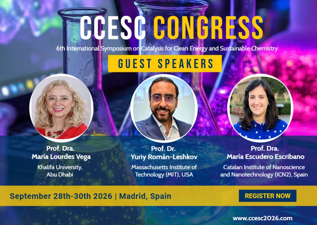 ccesc26's tweet photo. Only one week more...
🔬 The 6th CCESC will bring together experts in biorefinery, hydrogen technologies and emerging trends in catalysis.
📅 Abstract deadline: May 18th, 2026 📍 Madrid, Spain | September 28–30, 2026
👉 https://t.co/QVCp0CO7by https://t.co/iibXiBy3ox