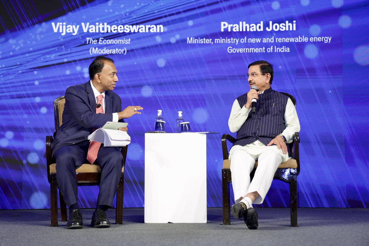 JoshiPralhad's tweet photo. Interacted and shared insights on accelerating the clean energy transition and strengthening energy security at Resilient Futures Summit by The Economist. Spoke about India’s record addition of 55.29 GW non-fossil capacity in 2025–26, including the highest-ever solar addition of 44.61 GW and a record 6.05 GW wind capacity added in a single year, alongside a significant rise in renewable energy investments.

Under the leadership of Hon’ble PM Shri @narendramodi ji, India is emerging as a global leader in clean energy transition backed by large-scale investments in the #RenewableEnergy sector, transformative schemes and a long-term policy vision. Today, India ranks 3rd globally in renewable energy capacity, reflecting the country’s strong commitment and rapid progress.

Underscored the push for domestic manufacturing, supply chain resilience, and green hydrogen, as India builds a reliable, affordable, and self-reliant energy ecosystem while contributing to the global clean energy transition.
@TheEconomist 
#RenewableEnergy #CleanEnergy