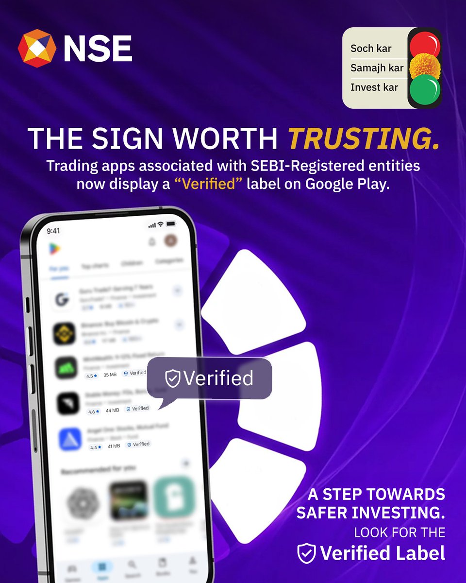 NSEIndia's tweet image. Not every app that looks real is trustworthy. Smart investors choose only SEBI-verified apps.

With SEBI and Google, it’s now easier to identify verified apps on the Play Store—just look for the Verified label.

Soch Kar, Samajh Kar, Invest Kar!

#NSE #NSEIndia #SEBI