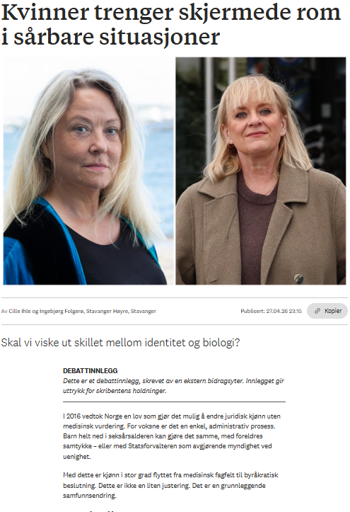 KamillaAslaksen's tweet photo. Høyrekvinner ut mot Bufdir-råd:
"Kvinner har behov for skjermede rom – i garderober, i helsevesenet og i andre sårbare situasjoner. Når tilgang til slike arenaer baseres på selvopplevd kjønn alene, svekkes beskyttelsen disse ordningene er ment å gi. Dette er et reelt dilemma." https://t.co/E1SvEPlQpW