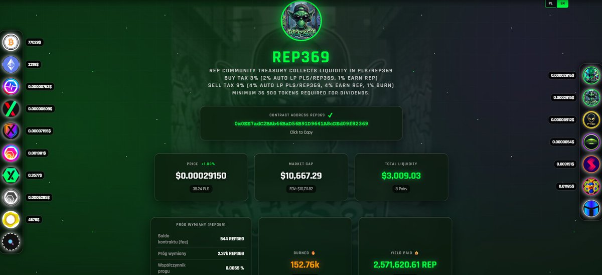 #REP369 projekt który wynagradza za trzymanie. Każdy kto przychodzi musi troche dodać do Skarbca #REP369 i zapłacić uczestnikom. Każdy kto odchodzi płaci wiecej do skarbca i uczestnikom. TOKENY płynności (LP) ze Skarbca płoną🔥automatycznie. Reptalianie.com