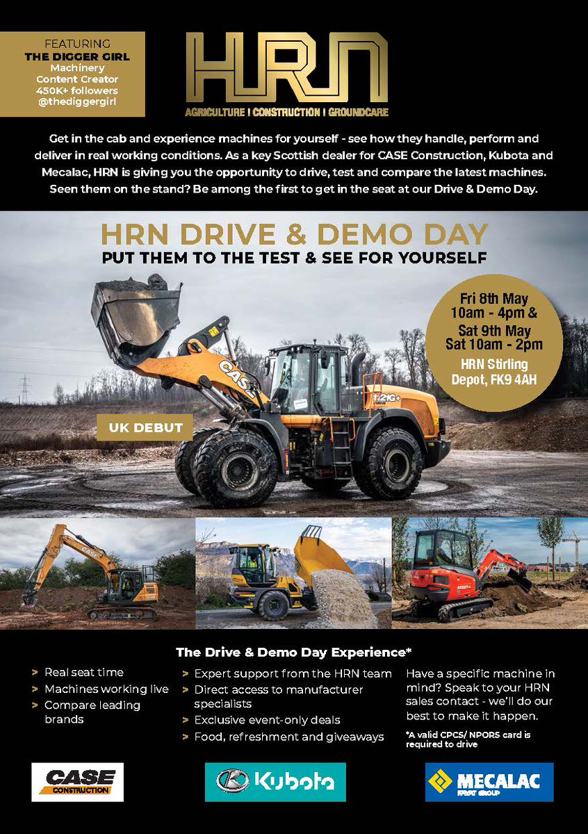 SpoaPlant's tweet photo. Who fancies the HRN Drive &amp; Demo Day?

📅Friday 8th May, 10am-4pm, Saturday 9th May, 
        10am-2pm

📍HRN Stirling West, Rossburn Lane, Stirling, FK9 4AH

Drive the latest machines from @KubotaUK, @Mecalac_CE and @CaseCE_EU.

@digger28427 will be there! https://t.co/eD2YLvqtJb