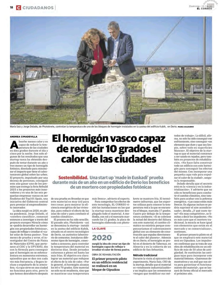 Photokrete's tweet photo. Materiales cementicios que no solo construyen, también enfrían la ciudad 🌡️ 🏙️
@elcorreo_com destaca nuestro mortero fotónico frente al efecto Isla de Calor Urbana. <
Gracias @acimadevillaa
👉 Lee más: https://t.co/tYww0Is8jX https://t.co/CrhUv25Qhn