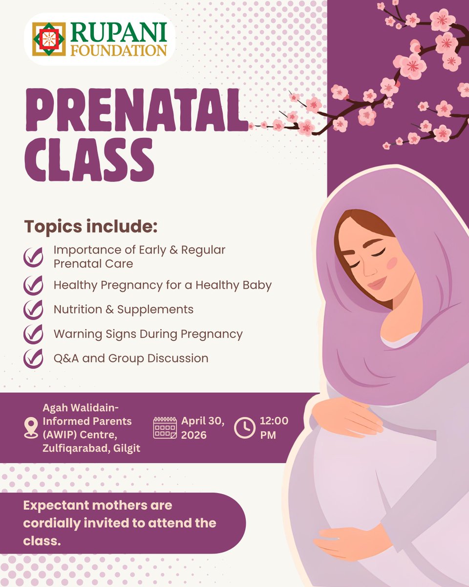 RFInterventions's tweet image. 𝗣𝗿𝗲𝗻𝗮𝘁𝗮𝗹 𝗖𝗹𝗮𝘀𝘀 𝗳𝗼𝗿 𝗘𝘅𝗽𝗲𝗰𝘁𝗮𝗻𝘁 𝗠𝗼𝘁𝗵𝗲𝗿𝘀

RF warmly invites all expectant mothers to join our upcoming 𝗣𝗿𝗲𝗻𝗮𝘁𝗮𝗹 𝗖𝗹𝗮𝘀𝘀 designed to support you on your journey to a healthy and safe pregnancy.

#RupaniFoundation  #HealthyPregnancy   #Gilgit