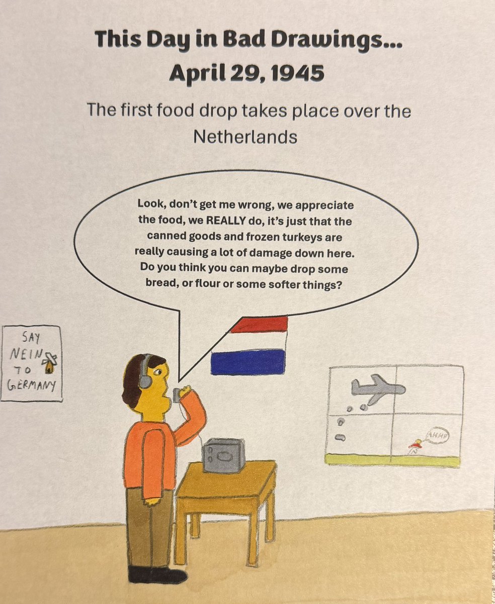 tdibd2023's tweet image. This day in bad drawings, 1945: The first food drop takes place over the Netherlands #ThisDayInHistory #History #OTD #Netherlands #UK #RAF #Food #WWII #HistoricalHumor #Humor #Comic #TDIBD