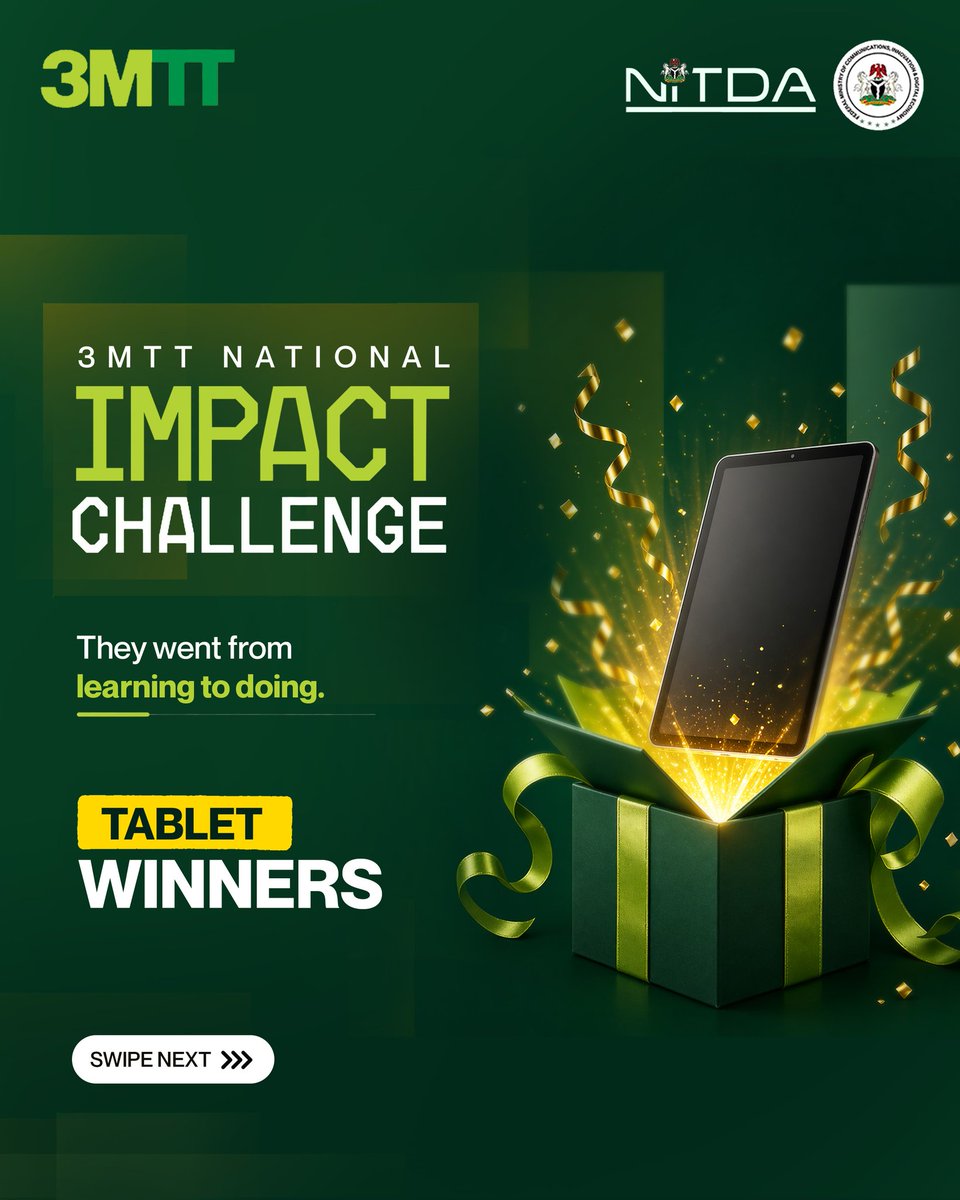 3MTTNigeria's tweet photo. The gap between learning and doing is where most people pause. Our 3MTT Impact Challenge tablet winners didn't pause; they crossed it. 

They took the skills, the knowledge, and the opportunity, and created something with it. 

#3MTT #3MTTImpactChallenge #SkillsForGrowth https://t.co/itg6072YYO