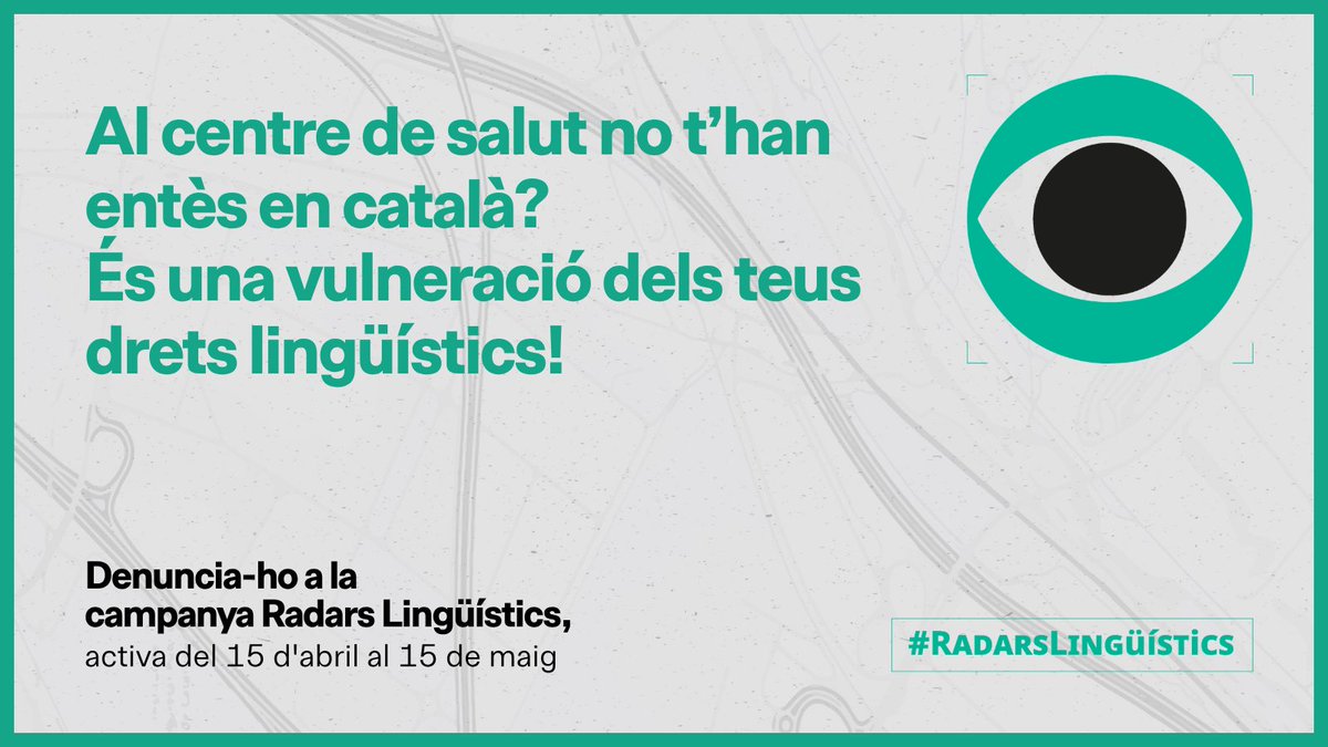 🩺 Al centre de salut no t’han entès en català? No és un cas aïllat: és una vulneració dels drets lingüístics.

Fes-nos arribar el teu cas 👉 plataforma-llengua.cat/radar-linguist…

La campanya #RadarsLingüístics està activa fins al 15 de maig!