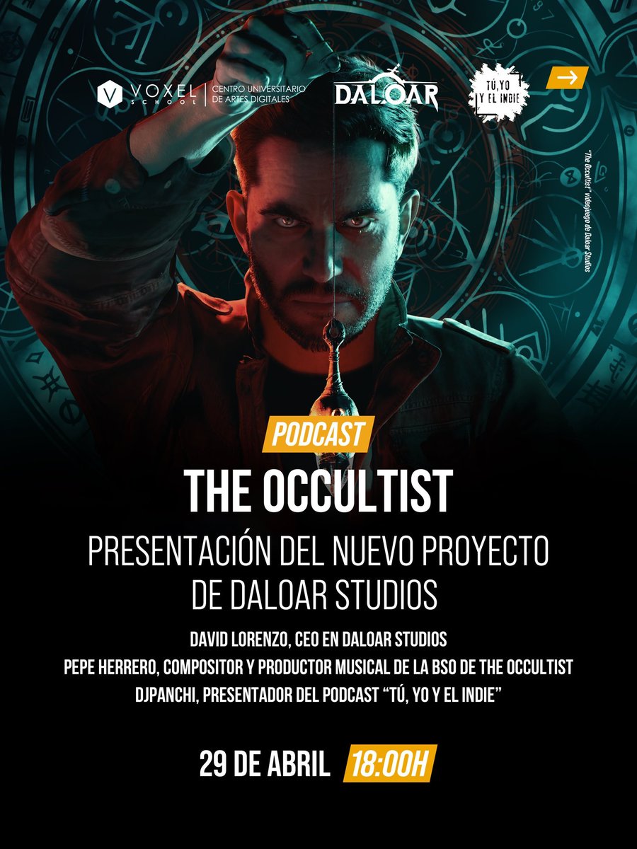 daloarstudios's tweet photo. Nos vemos en @VoxelSchool 
Os contaremos cómo ha sido el desarrollo y experiencia con The Occultist

Contaremos con:
🎼 Pepe Herrero (Compositor de la BSO) 
🎤 Presentado por @djpanchi1 

Nos vemos esta tarde para desvelar el misterio!

🗓️ HOY, 29 de abril
⏰ 18:00h
📍 Voxel School

#gamedev #voxelschool #indiegames