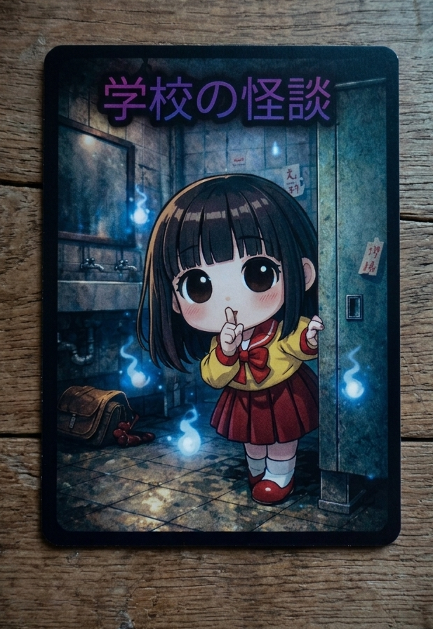 sametable215's tweet photo. ゲムマ新作『お前の話は怖くない』
キャラカード紹介「学校の怪談」

「可愛いだけじゃ、ないんだから…」
身近な恐怖、「学校の怪談」が参戦、誰もが知る純粋な恐怖話が、他プレイヤーの「噂」でどう変化するのか、このギャップを体験せよ

#ゲームマーケット2026春
#ゲムマ2026春
#ボードゲーム https://t.co/kIngsjh9Vn