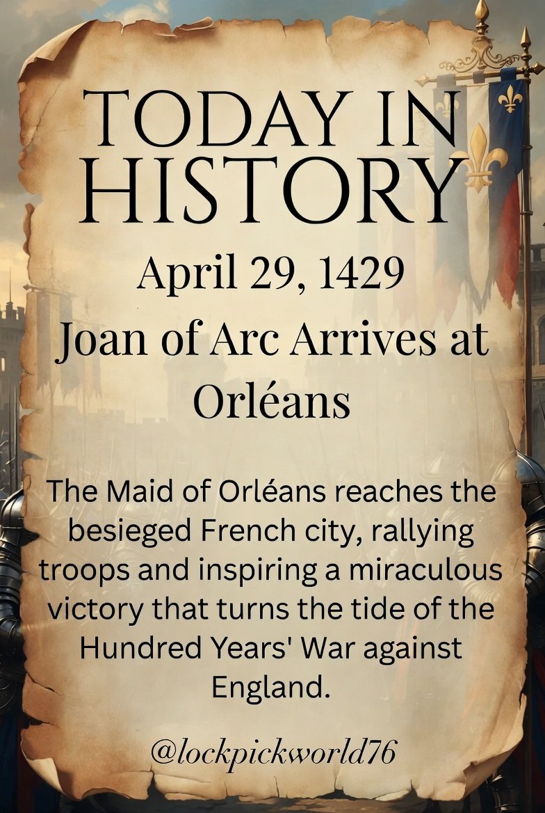 ZeroSpinTexan's tweet image. 📜 Today in History • April 29, 1429

Joan of Arc arrives at the besieged city of Orléans, France — rallying French troops and inspiring a miraculous victory that turns the tide of the Hundred Years’ War against England!

The Maid of Orléans has arrived. 🇫🇷⚔️

#TodayInHistory