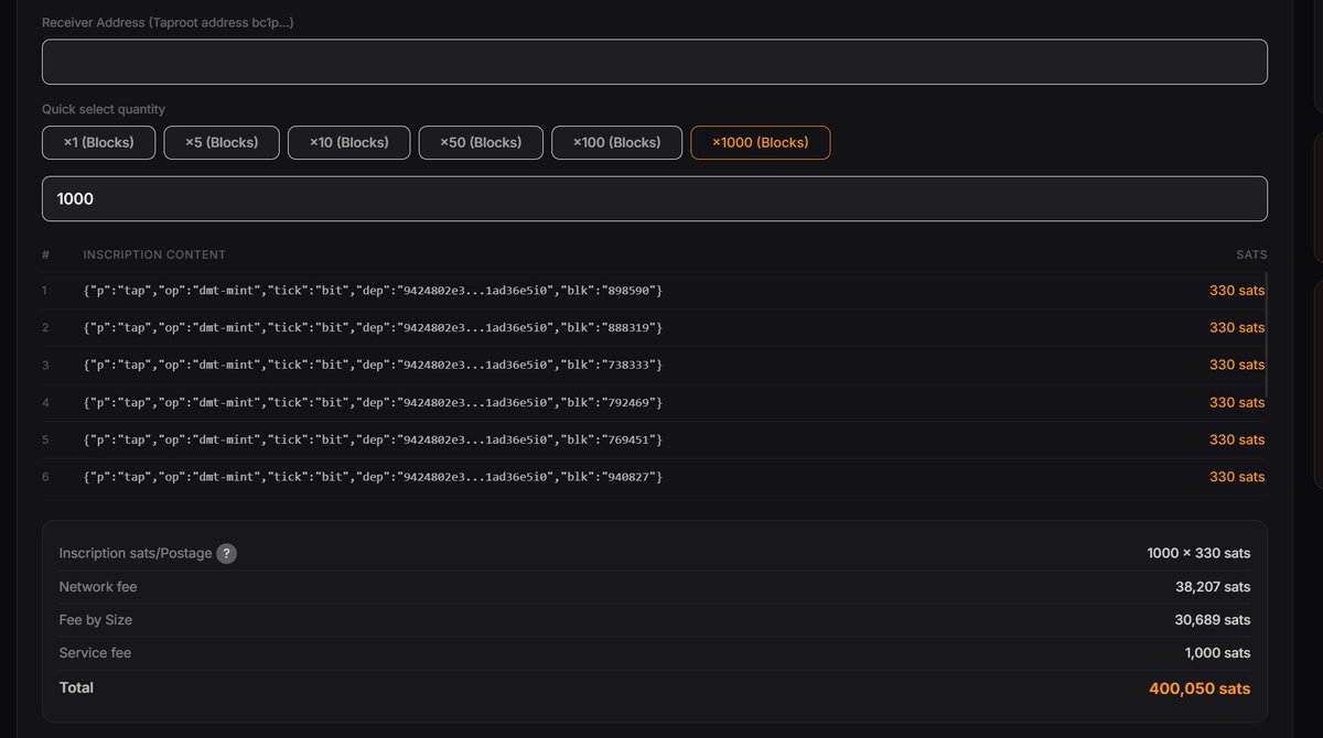 YL20020628's tweet image. 避雷cs项目方 @dmt_bit_  偷换概念肆意卷小白用户的钱
罪证：
网站显示打1000个区块，铭文成本1000 × 330 sats = 330,000 sats，网络手续费是38,207 sats，交易体积费
是30,689 sats平台服务费1,000 sats总成本400,050