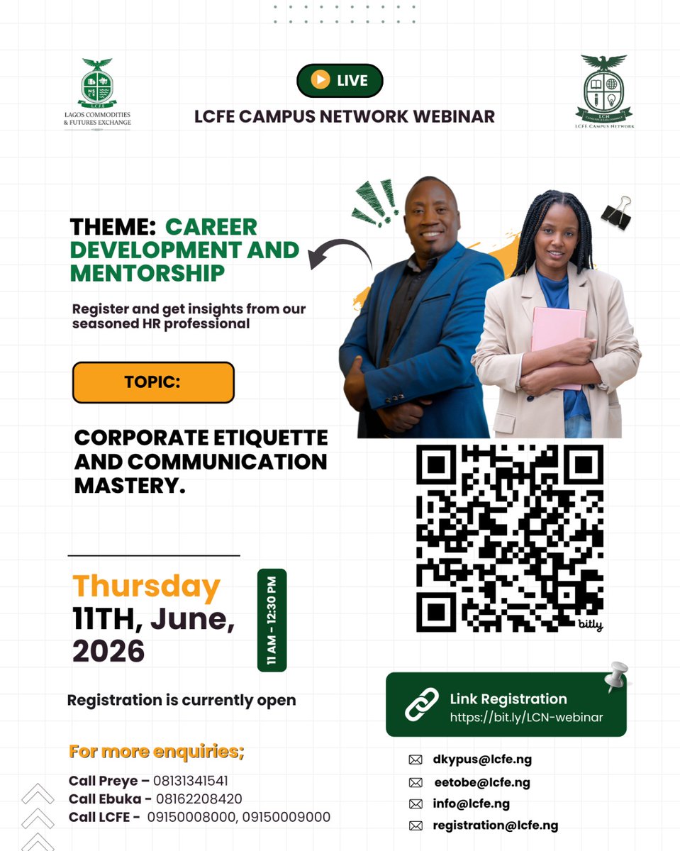 LCFE_NG's tweet image. Ready to stop guessing and start moving like a pro in the corporate world? 👀

✨ No gatekeeping. No fees. Just value.

🗓️ June 11, 2026
⏰ 11:00 AM – 12:30 PM

Spots are open, don’t snooze on this one! 🔥

👉 Register now: bit.ly/LCN-webinar
.
.
.
#CareerGrowth #Careers