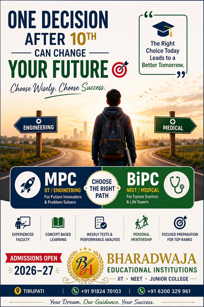 Bharadwajainst's tweet image. One decision can change your future 🎯

🚀 MPC or 🩺 BiPC?
Choose wisely.
#After10th #CareerDecision #AdmissionsOpen