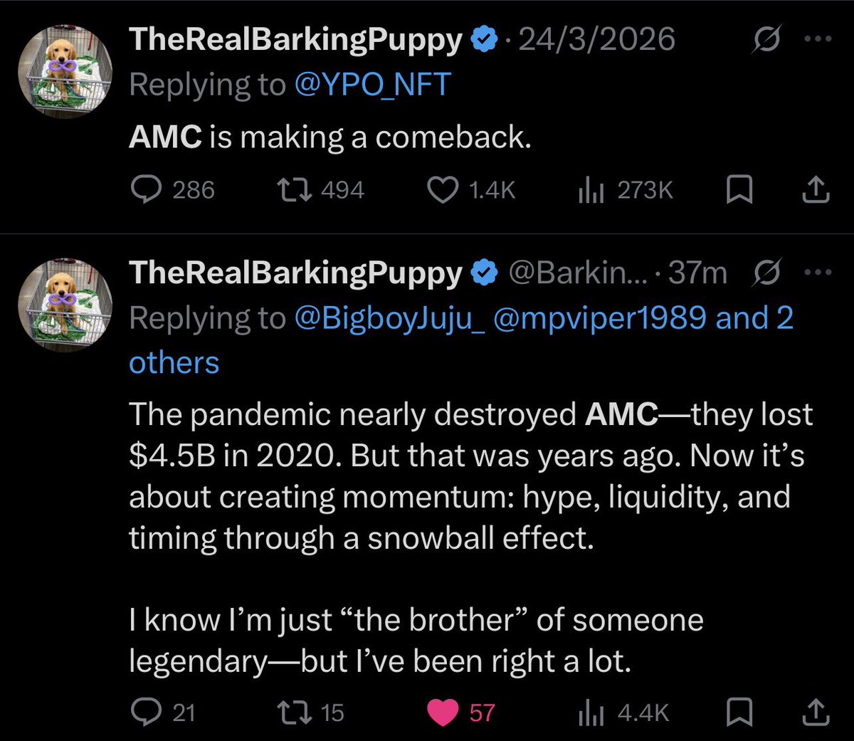 BigboyJuju's tweet photo. This is American coded 🇺🇸 they’re the folks who’ll understand how huge this is 

Think about how HUGE the $GME short squeeze was

It caused the biggest rally of retailers to get behind a meme stock & cause the short sellers to panic

They squeezed the frick outta that thing

That’s what made @TheRoaringKitty, Roaring Kitty

Now we’re seeing @BarkingPuppy8 bullish on $AMC for the past few months with nothing but bullish commentary on the stock

Even Keith has shown support in the stock previously.

If RK can have $GME, then Kevin can have $AMC.

The brothers make memes & reviews on frkkn movies dammit. AMC coded

& after all, like he said - “ I’m building my own legacy “

B85ta9Qp7EgoVXaMka9BQYrFogSmC3PRjsxNM6HaHF41