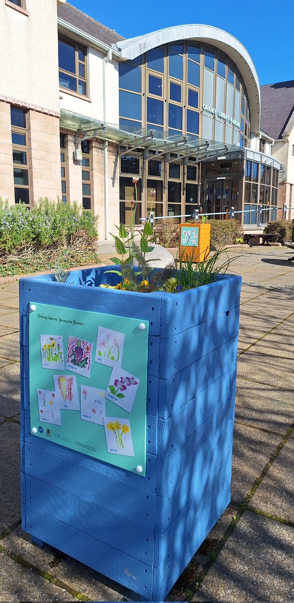 OrkneyLibrary's tweet image. It's another beautiful sunny day in #Orkney and we've just added these lovely coloured planters to our flora trail at the front. 🌼🌸

Each planter is decorated with panels covered in flowers drawn by local children from primary schools around Orkney. ❤️🌞

#GreenLibraries