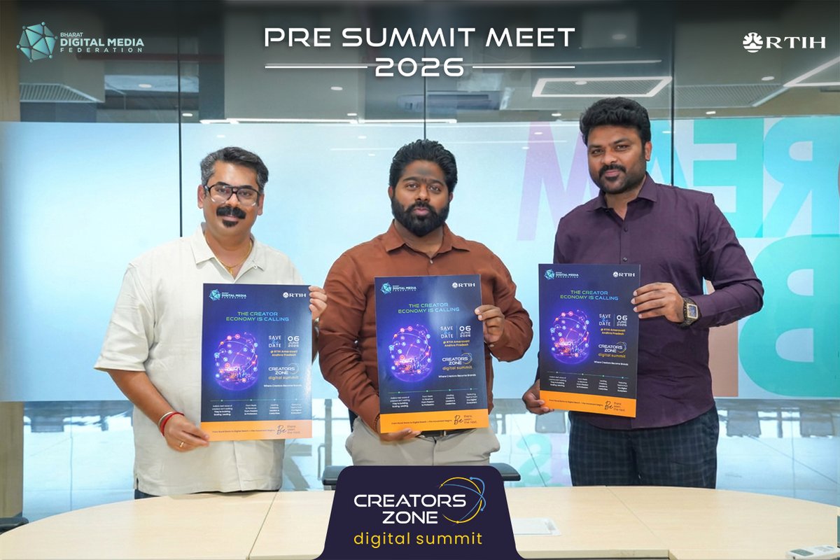 BharatDMF's tweet photo. CREATORS ZONE DIGITAL SUMMIT 2026 – DATE ANNOUNCEMENT📢

The Creator Economy is Calling. 🌐

📅 June 6, 2026
📍 RTIH Amaravati

Andhra Pradesh’s first-ever creator movement begins ✨

From Rural Roots to Digital Reach. 🚀

👉 Register: https://t.co/KpJK1HctWK

@BharatDMF @RTIH_AP #CreatorsZone #DigitalSummit #RTIH #BharatDMF