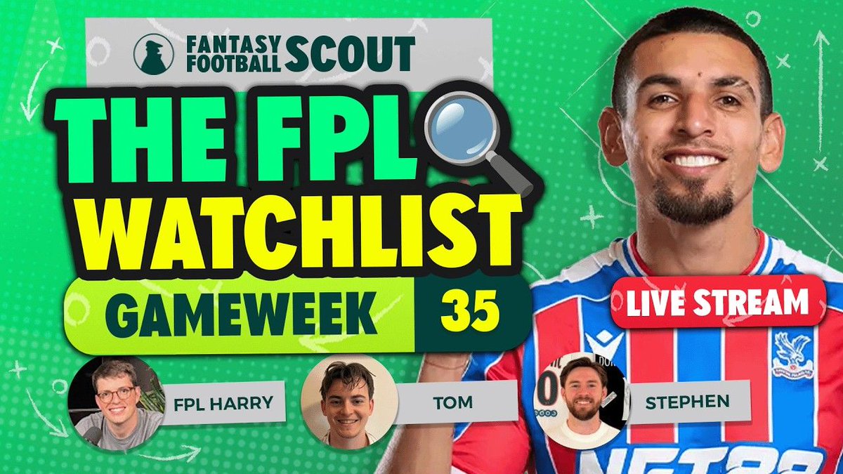 FFScout's tweet photo. 📝 THE FPL WATCHLIST!
🎙️ @FPL_Harry | @FPL_Gallagher | @FFScout_Tom

💥 Saka, Thiago, Munoz and GW35 plans!  

LIVE 12PM 🚨 https://t.co/z5HPDBpwg0 https://t.co/C7ewlVFdZV