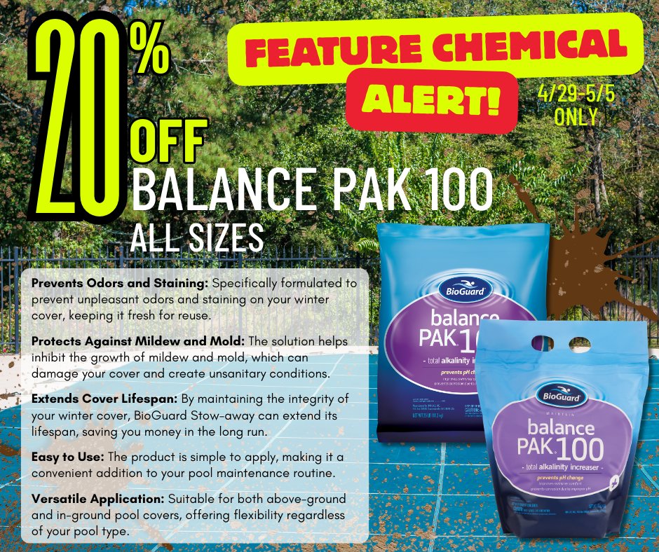 LeisurePoolJax's tweet image. Hey everyone! 🌊 Want to boost your alkalinity? Now’s the perfect time! Enjoy 20% off all sizes of Balance Pak 100 while it’s on sale! Don’t miss out! #BioGuard #PoolCare #Savings