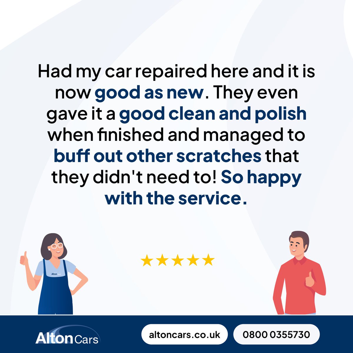 AltonCarsLtd's tweet image. Thrilled to receive such positive feedback! 🌟

Great to hear the car came back looking good as new - and then some! Big thanks to the Harrogate team for going that extra mile.

Read the full review: share.google/y1h4oYeEkyTPWH…

#AltonCars #Harrogate #Review #5stars