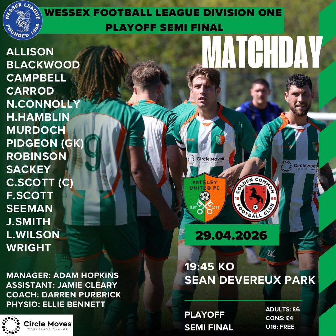 YateleyUtdFC's tweet photo. Matchday
Playoff Semi Final

Tonight we host @ColdenCommonFC at Sean Devereux Park in the @WessexLeague playoff semi final…

We need the Green Army tonight! Get down &amp; back the boys! https://t.co/SEy3Dcs2cm
