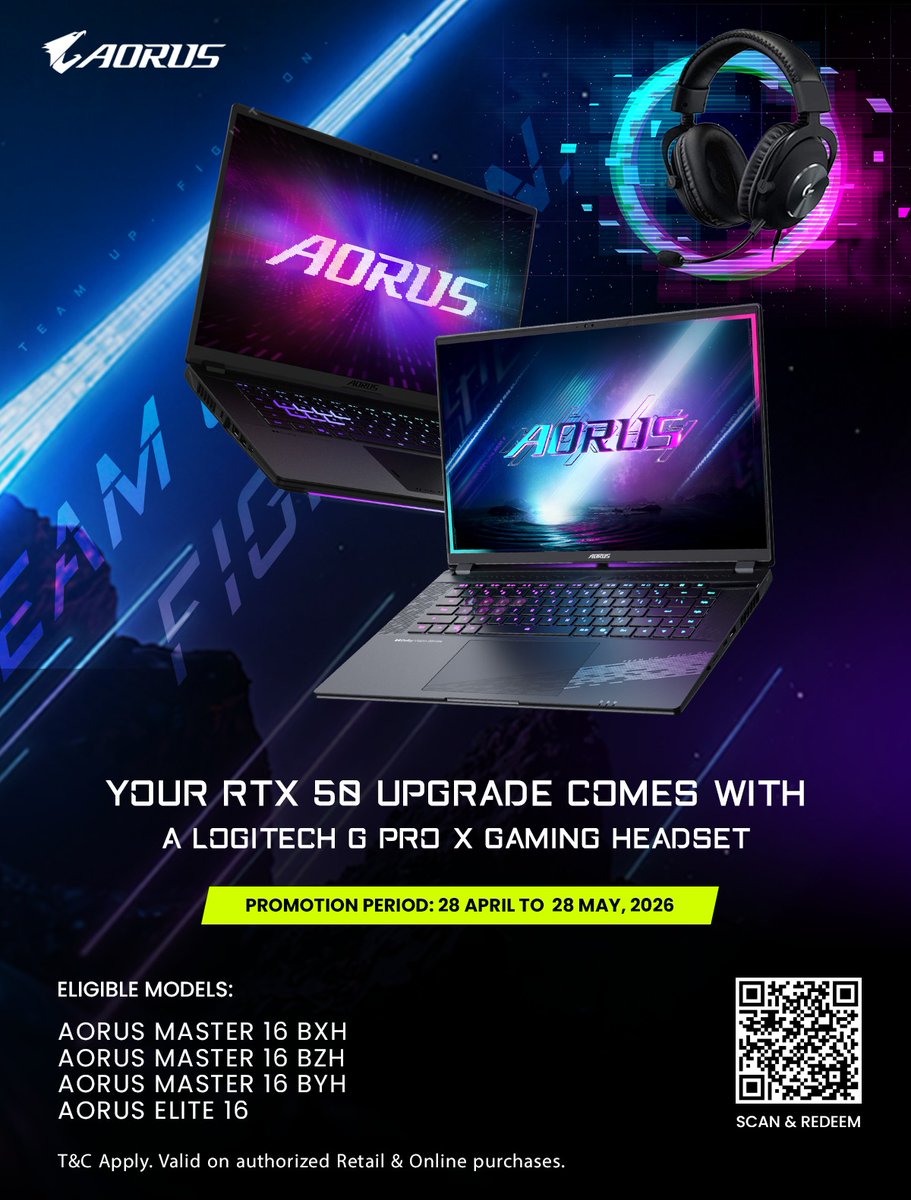 Aorus_IN's tweet image. Level up your setup.
Grab an RTX 50-powered AORUS laptop and score a Logitech G Pro X Gaming Headset on us.

Limited-time offer. Don’t miss out.
Promo period: 28th April 2026 to 28th May 2026.

Promo Link: aorus.com/en-in/explore/…

#GIGABYTE #AORUS #RTX50 #Logitech