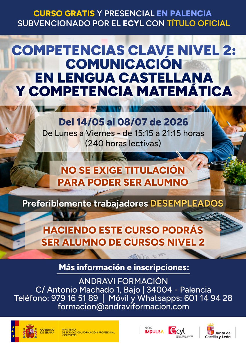Andraviformacio's tweet photo. ¿No tienes la ESO pero quieres apuntarte a cursos avanzados? Curso presencial y #gratuito en #Palencia! : 𝐂𝐎𝐌𝐏𝐄𝐓𝐄𝐍𝐂𝐈𝐀𝐒 𝐂𝐋𝐀𝐕𝐄 𝐍𝐈𝐕𝐄𝐋 𝟐: 𝐂𝐎𝐌𝐔𝐍𝐈𝐂𝐀𝐂𝐈𝐎́𝐍 𝐄𝐍 𝐋𝐄𝐍𝐆𝐔𝐀 𝐂𝐀𝐒𝐓𝐄𝐋𝐋𝐀𝐍𝐀 𝐘 𝐂𝐎𝐌𝐏𝐄𝐓𝐄𝐍𝐂𝐈𝐀.
https://t.co/9iQhldjV96 https://t.co/LS4MszwvkL