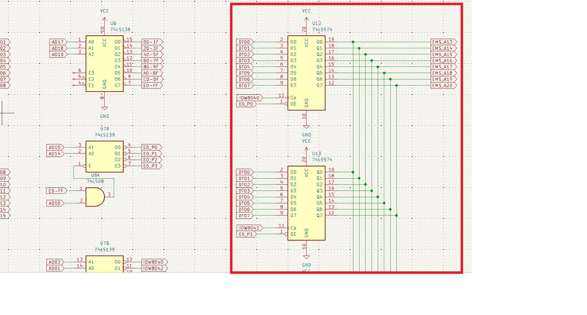 PC-100用のEMSボードの回路図を書き始めたのですがTTLでこういう回路（赤線の中）は許されるでしょうか？
U12～U15（U13、U14は隠れているけど同じ感じです）のLS574がEMSの各物理ページに紐づくレジスタになっているのですがQ0～Q7の出力同士を結線しちゃいました。