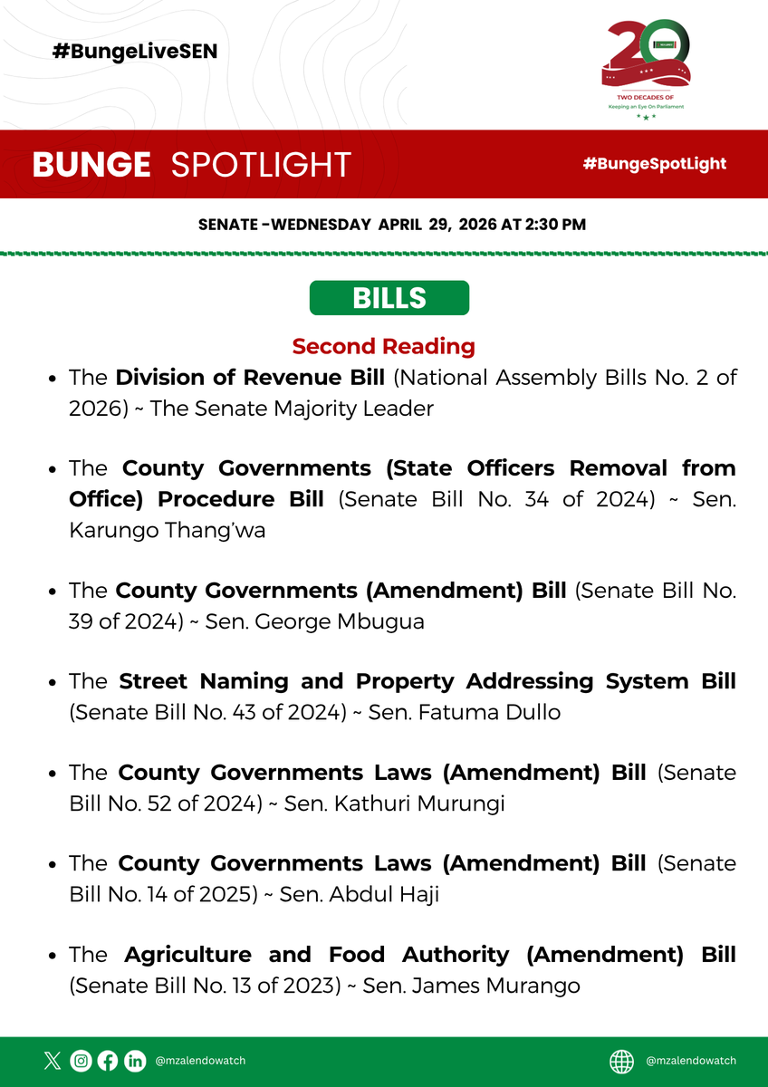 MzalendoWatch's tweet photo. The Division of Revenue Bill (National Assembly Bill No. 2 of 2026) will resume this afternoon at 2:30 pm in the Senate.

Catch live updates on this and the highlighted business in the #BungeSpotLight via #BungeLiveSEN. https://t.co/MHwHXD3Sic