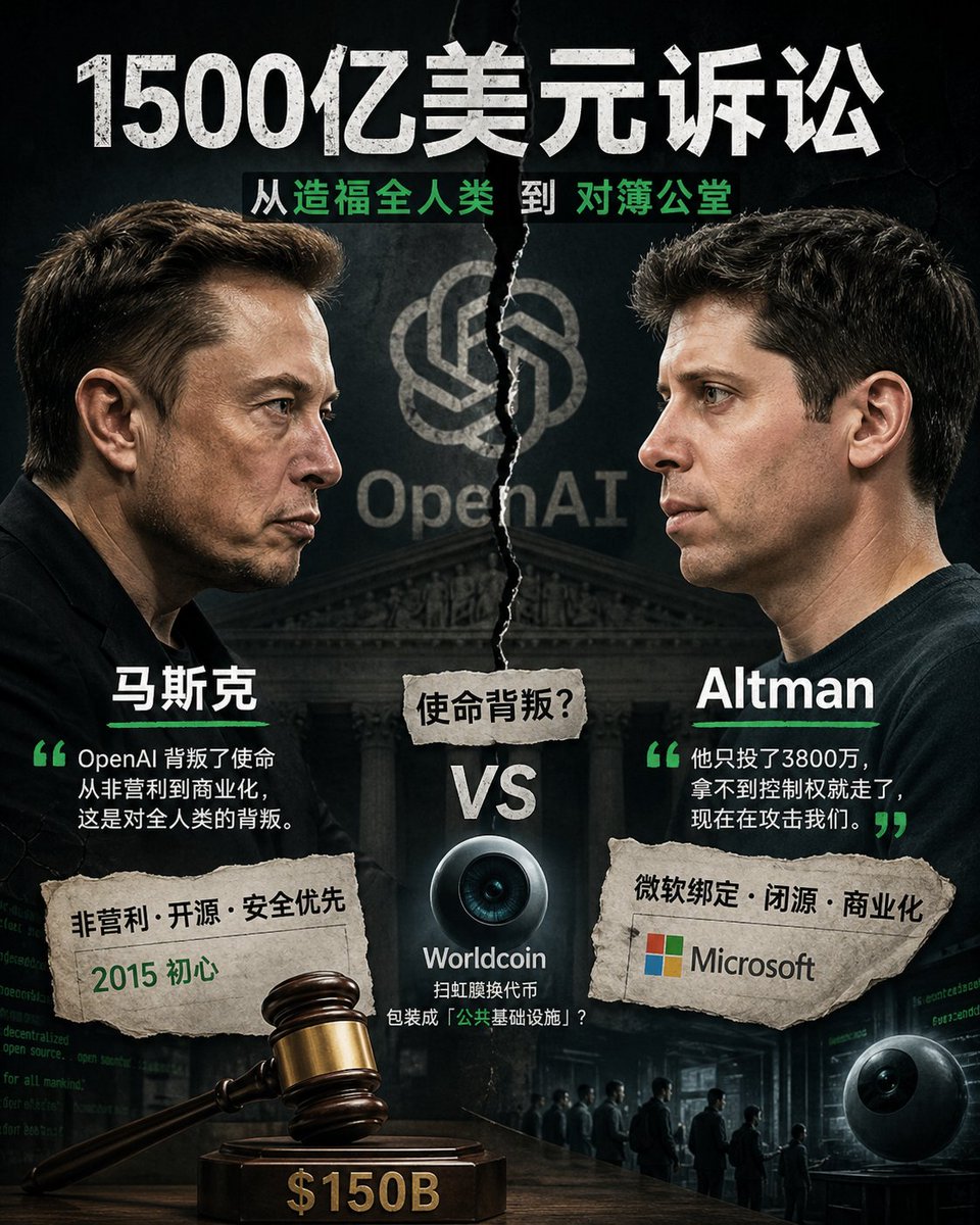 readonlm's tweet photo. 马斯克把 OpenAI 告上法庭了，索赔金额——1500亿美元。

2015年，他们一起说要「造福全人类」。2026年，一个在法庭上喊另一个是骗子。

事情经过很简单：马斯克当年帮着创立了 OpenAI，人设是非营利、开源、安全优先。后来 Altman 带着它跟微软深度绑定，闭源，商业化，估值冲到几千亿。马斯克说这叫背叛使命，OpenAI 说他当年根本没投多少钱，最多3800万，而且是自己拿不到控制权才走的。

更绝的是，Altman 同期还在推 Worldcoin——用扫虹膜换代币，包装成「证明你是真人」的公共基础设施。链上调查员 ZachXBT 直接点名：这是在用公益叙事包装控制权。

所以这场官司本质不是恩怨，是一场叙事战。谁能定义「OpenAI 背叛了使命」，谁就能影响它上市前的估值故事。

加密行业太熟悉这个套路了——早期喊去中心化，后期变成另一回事，出事了再翻创始契约互相攻击。

AI界终于也走到这一步了，不算意外，只是来得比想象中快。

「为了全人类」，从来都是最贵的入场券。

#OpenAI #马斯克 #Altman