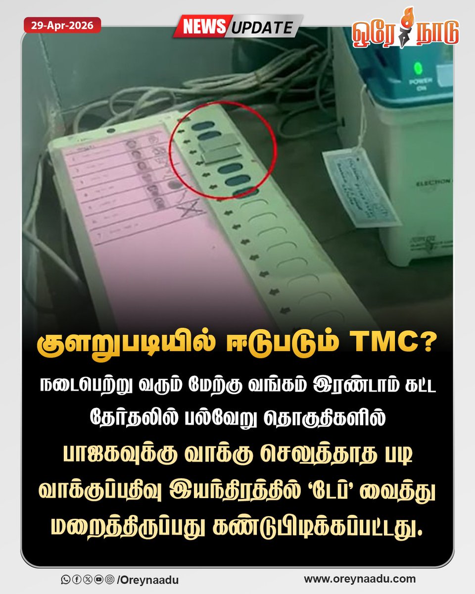 oreynaadunews's tweet image. பாஜகவுக்கு வாக்கு செலுத்தாத படி வாக்குப்பதிவு இயந்திரத்தில் "டேப்" வைத்து மறைத்திருப்பது கண்டுபிடிக்கப்பட்டது.

#WestBengalElection | #TrinamoolCongress | #BJPGovernment  | #OreyNaadu